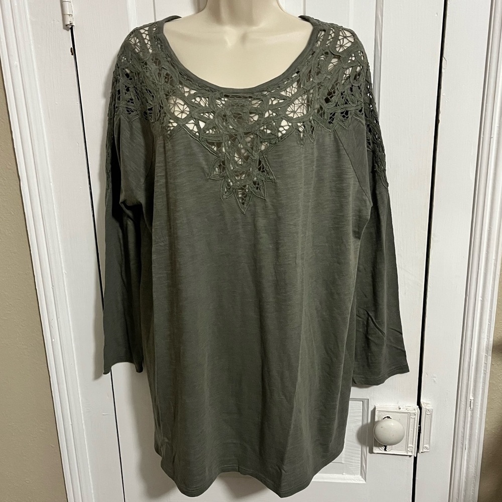 J. Jill Lace Accent Long Sleeve Blouse XLP Extra Large Petite Gray Green O2